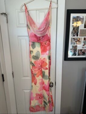 Floral Cowl Neck Maxi Dress - Pink & Cream